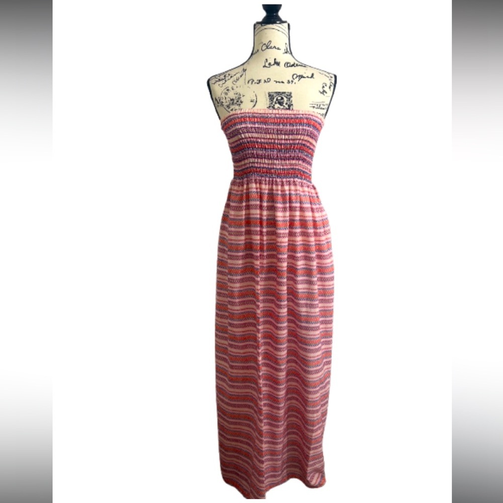 Presto White Blue Pink Print Strapless Long Maxi  Sundress Size Medium